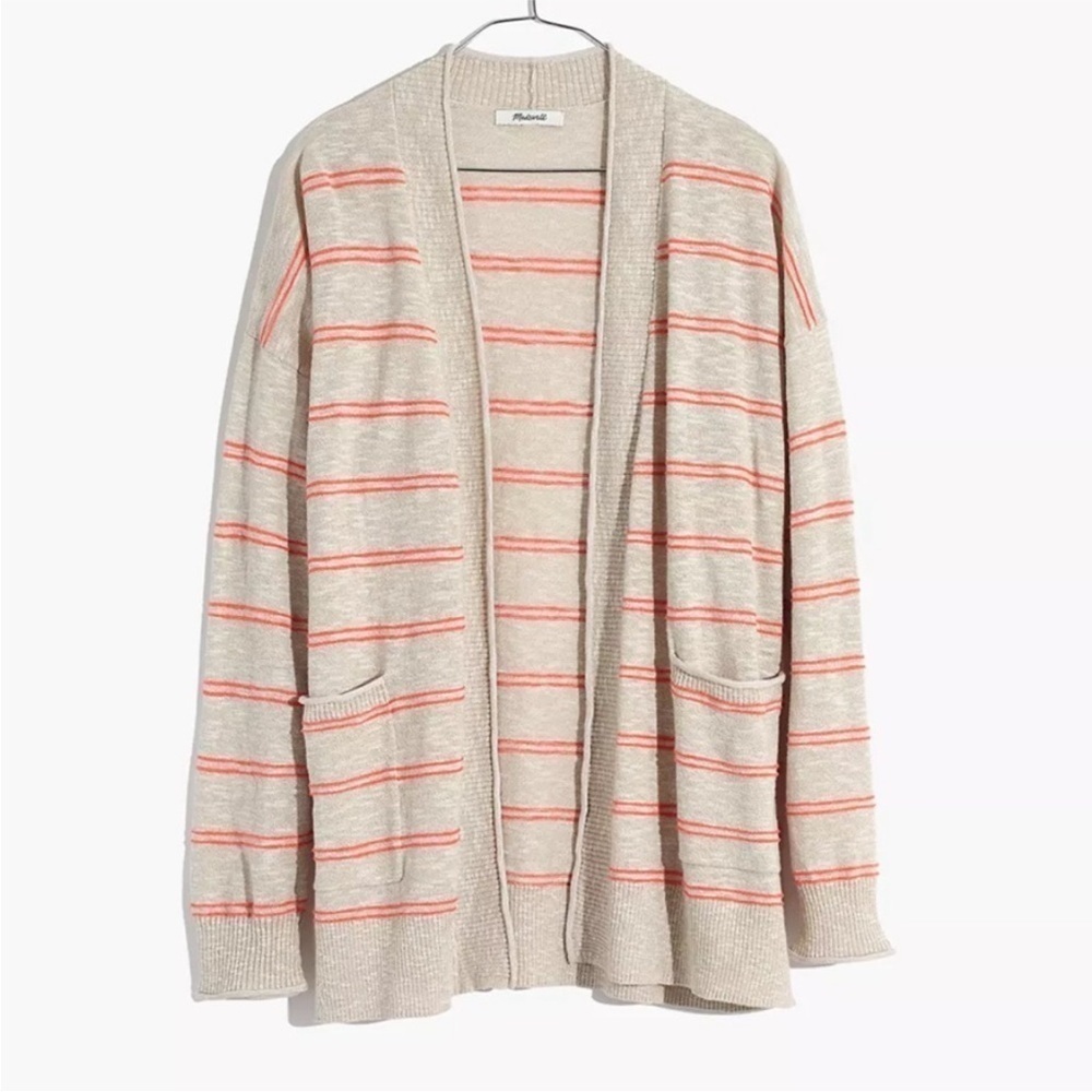 Madewell Bradley Open Front Cardigan Sweater Textured Stripe Cream & Pink 3X A39